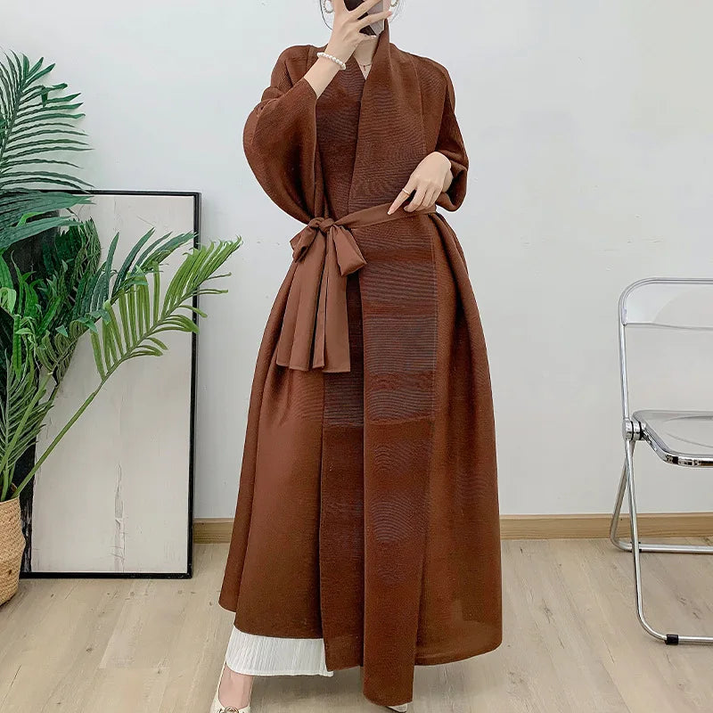 Couture Plissé Pleated Belted Robe Coat