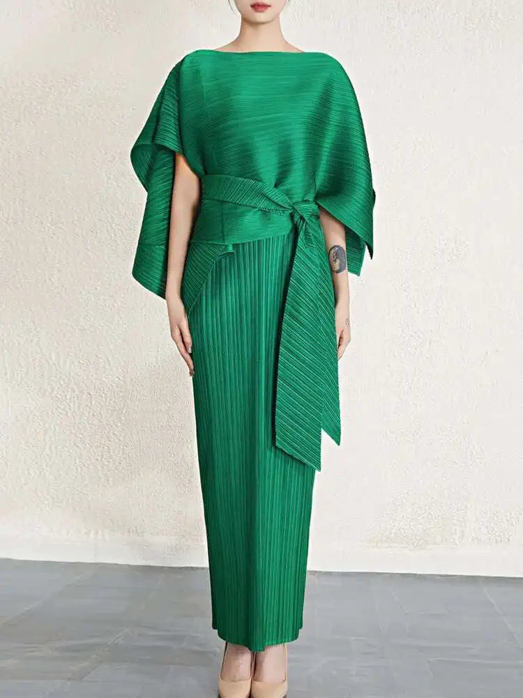 Luxury Pleated Midi Dress Cape Set