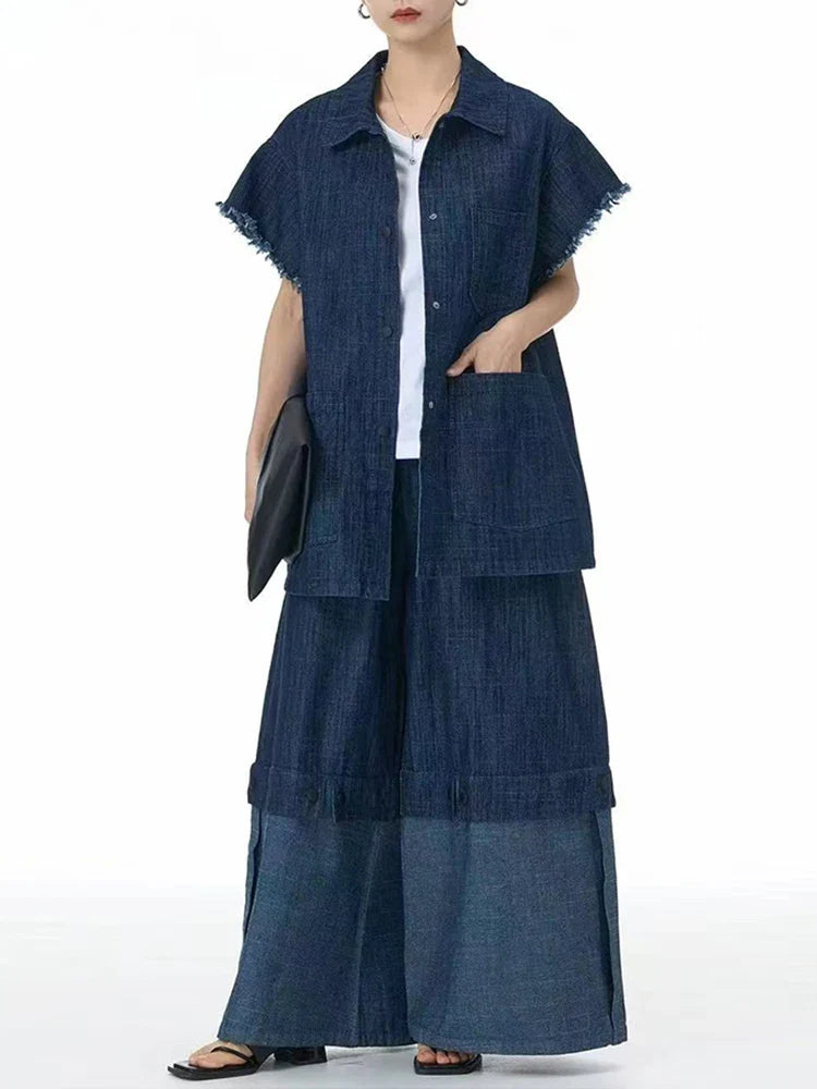 Cotton Denim Wide-Leg Pants with Elastic Waistband