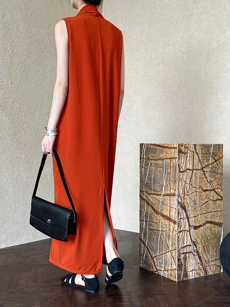 Elegant Draped Sleeveless Midi Dress with Pockets