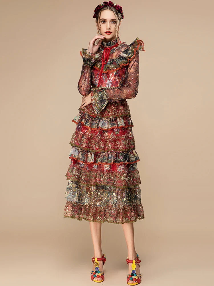 Tiered Ruffle Midi Dress Long Sleeve | Designer Style