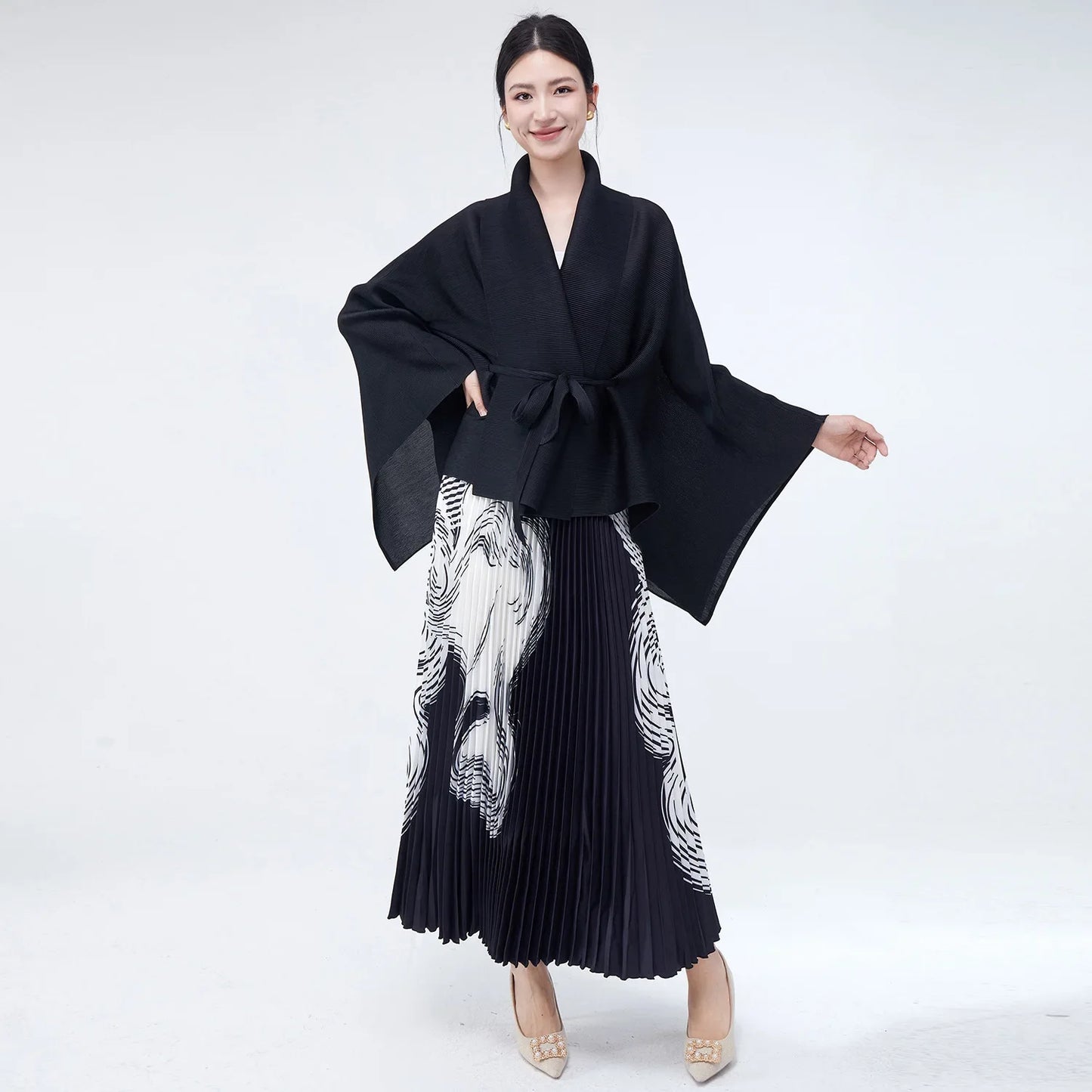 Luxe Black Wrap Top & Pleated Skirt Set