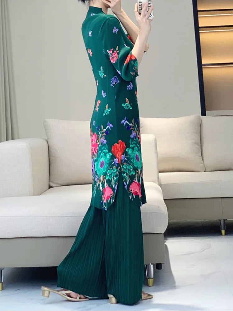Floral Crepe de Chine Top & Pleated Trousers