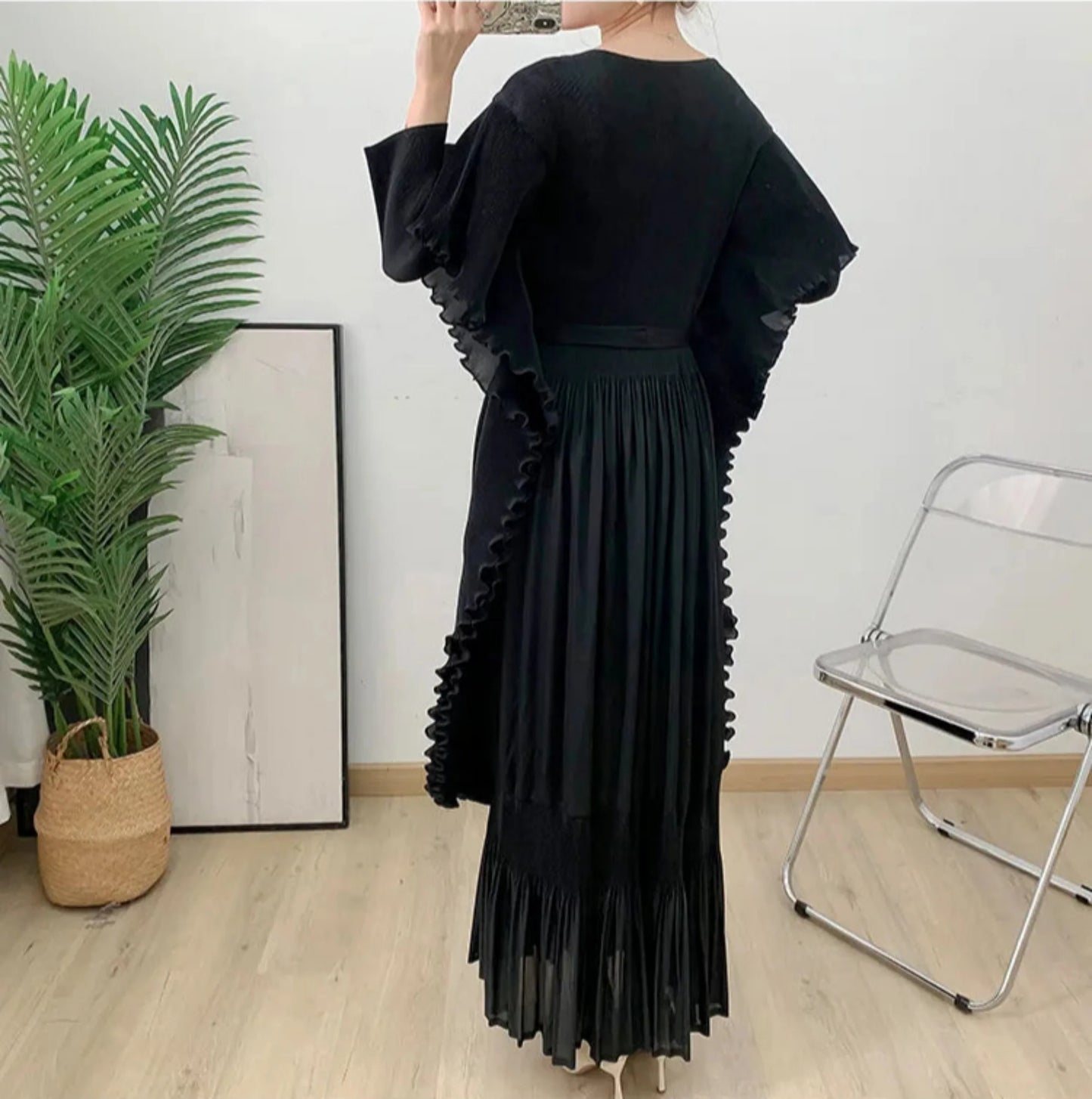 Designer Pleated Midi Dress - Ruffle Detail