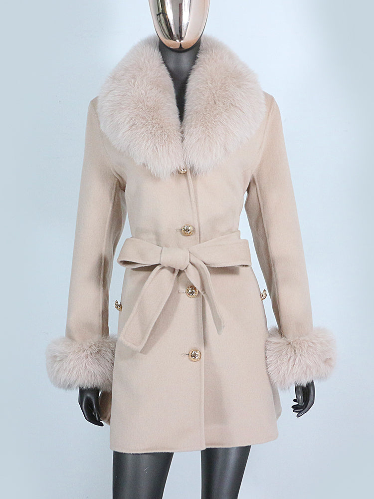 Women's Shawl Collar Fox Fur Wool & Cashmere Coat