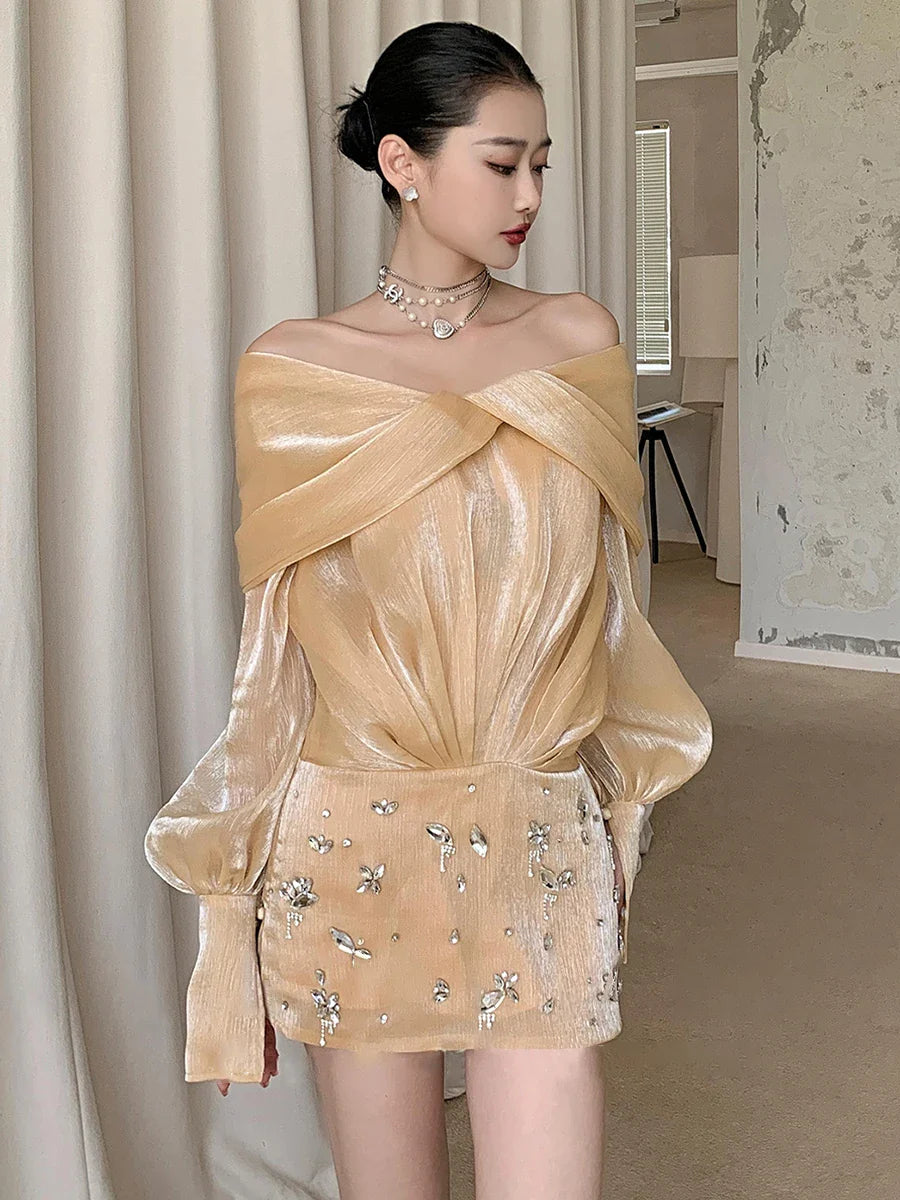 Sheer Mini Dress - Crystals & Off Shoulder