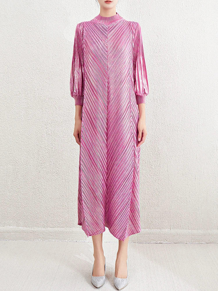 Metallic Pleated Midi Dress with Mock Neck & Bishop Sleeves