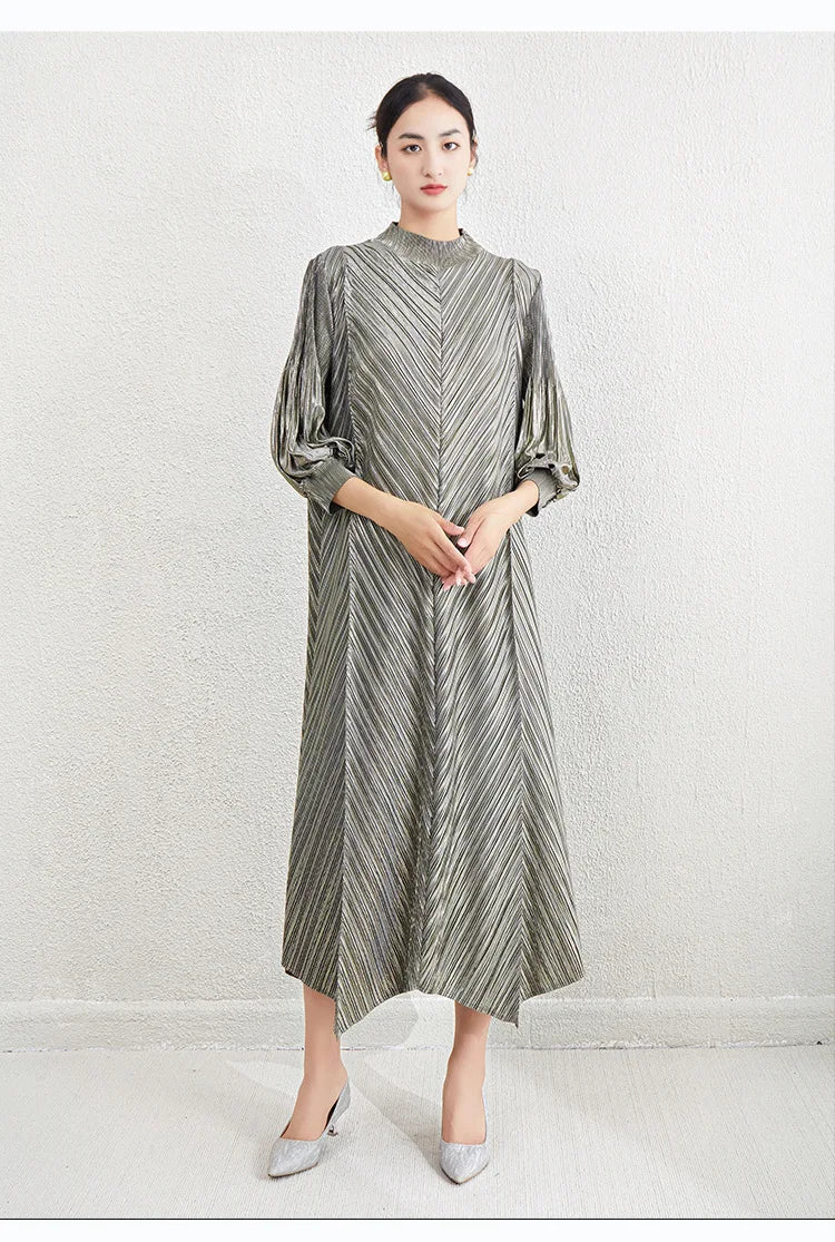 Metallic Pleated Midi Dress with Mock Neck & Bishop Sleeves
