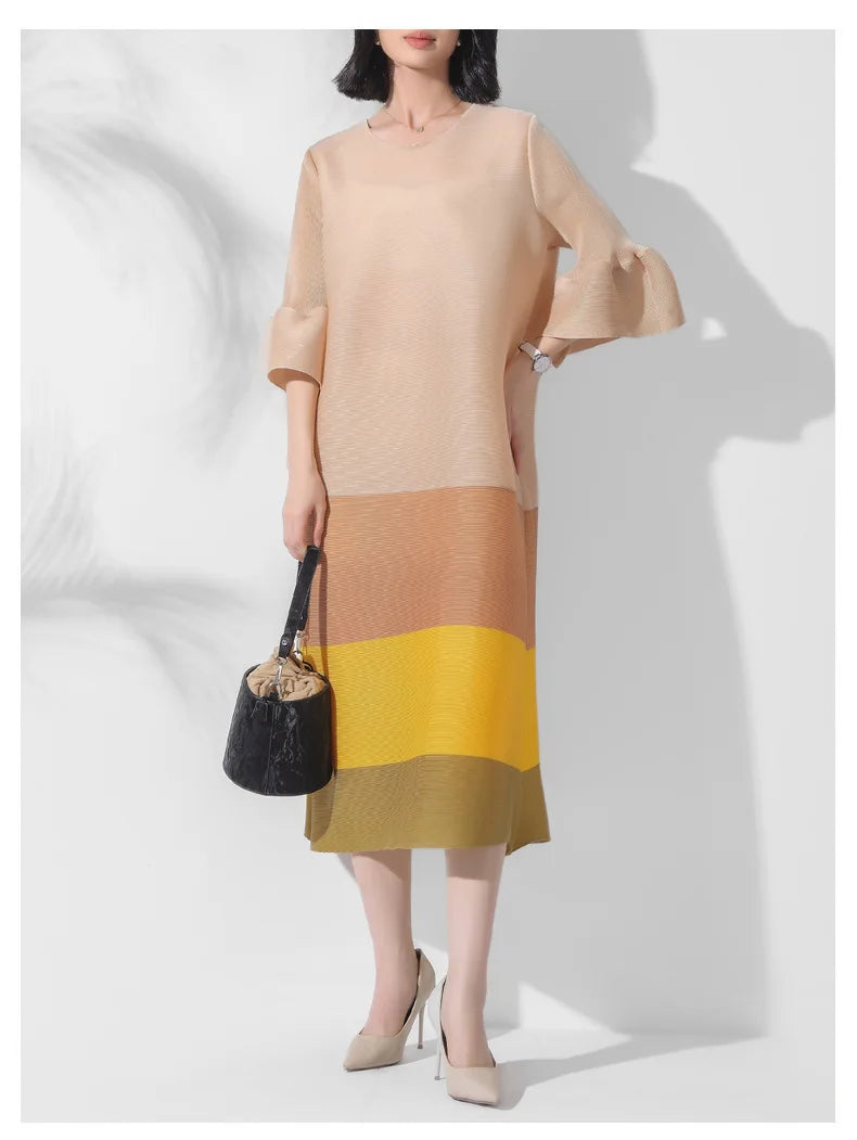 Japanese Pleated Midi Dress with Colorblock