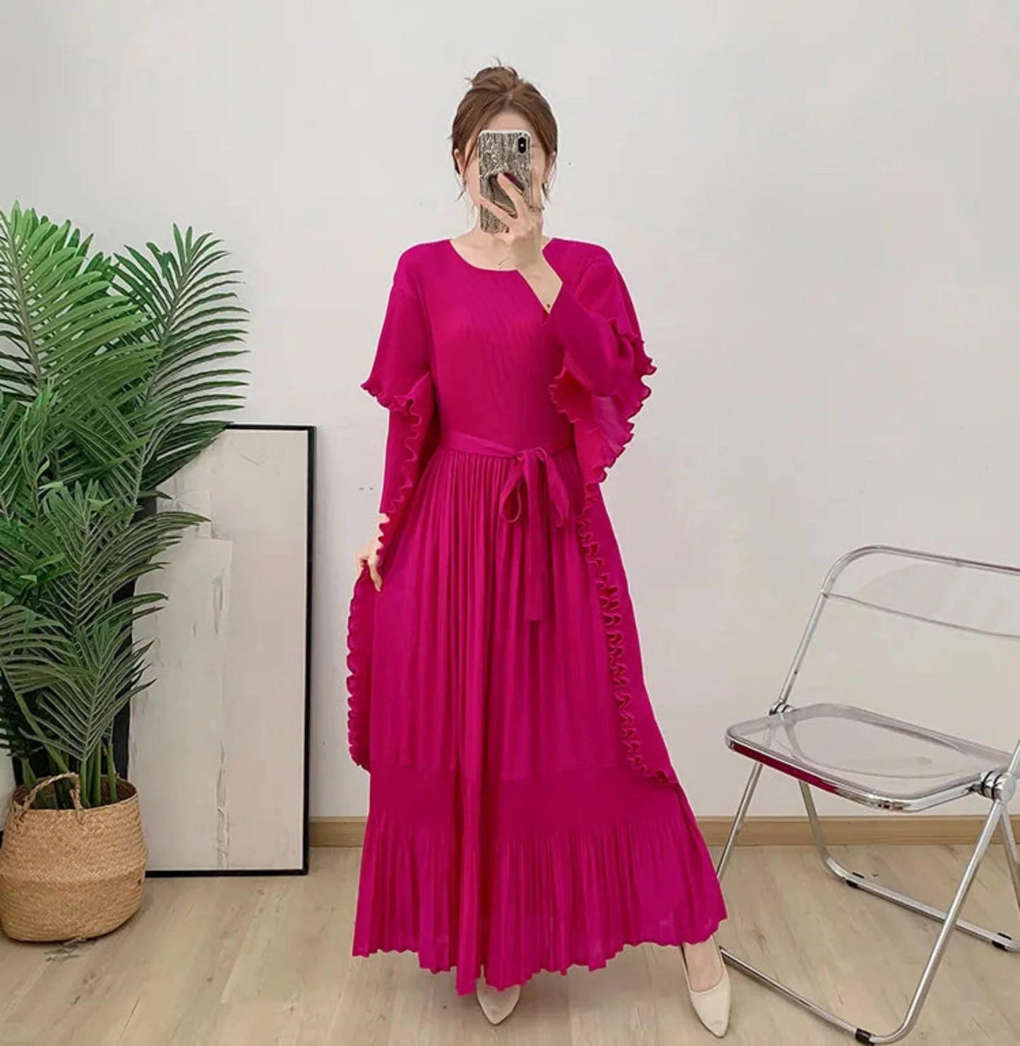 Designer Pleated Midi Dress - Ruffle Detail