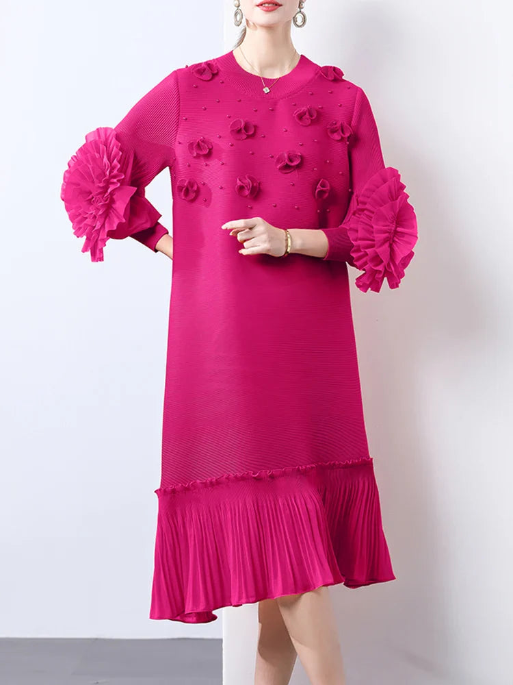 Cocktail Party Dress - Pleated Midi, Statement Sleeves