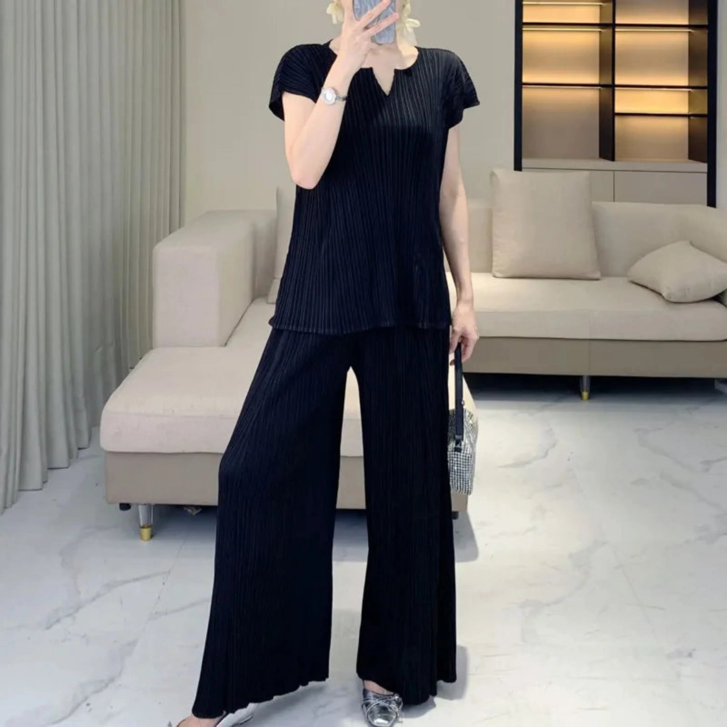 Elegant Pleated Wide-Leg Pants Set