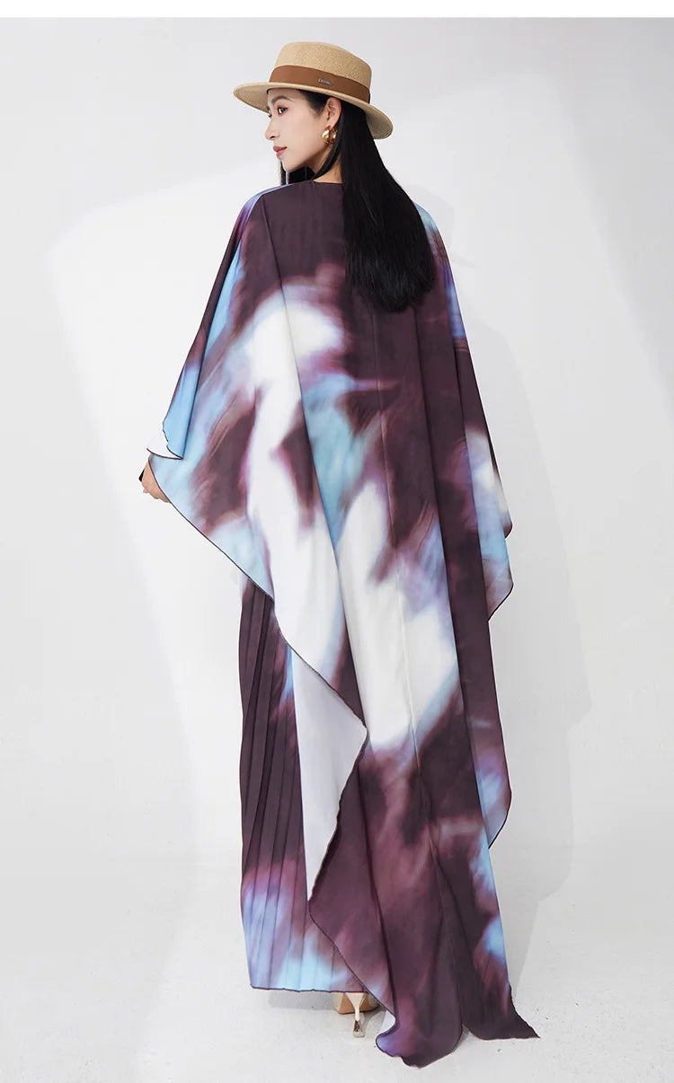 Pleated Watercolor Cape Dress