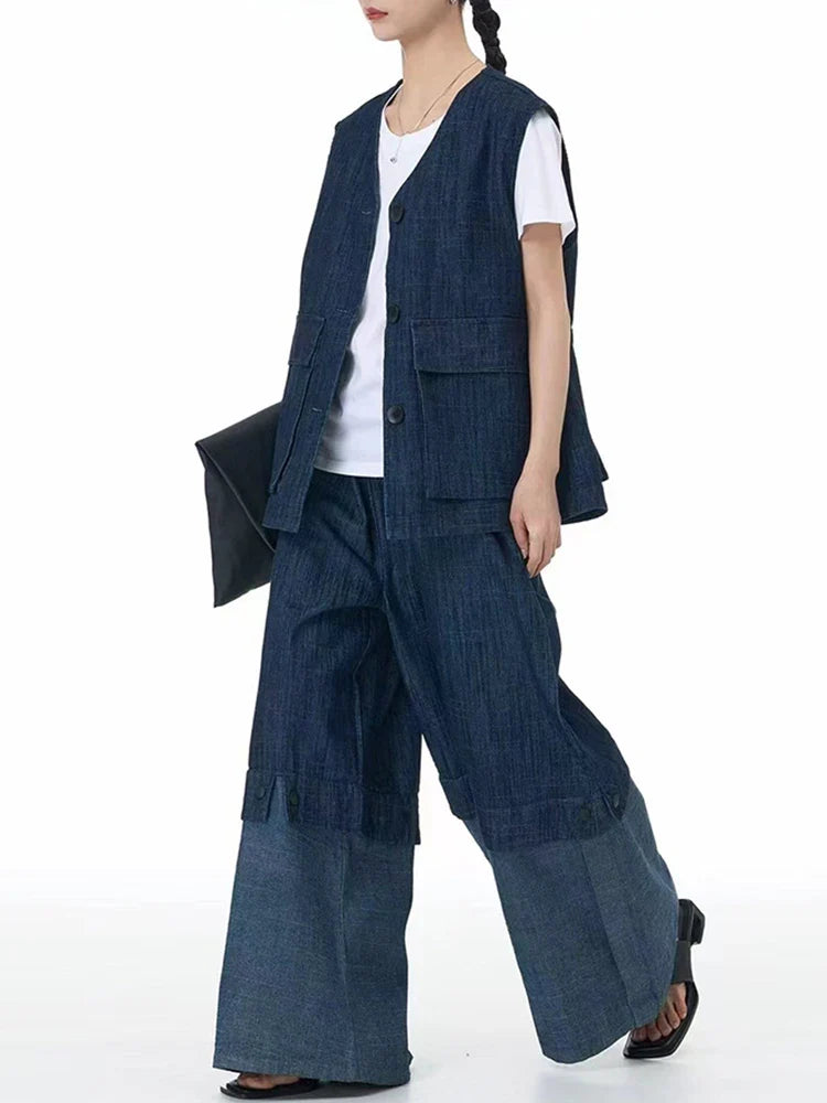 Cotton Denim Wide-Leg Pants with Elastic Waistband