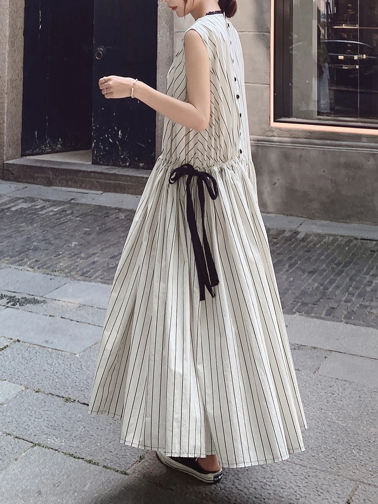 Cotton Sleeveless Striped Dress with Button Back