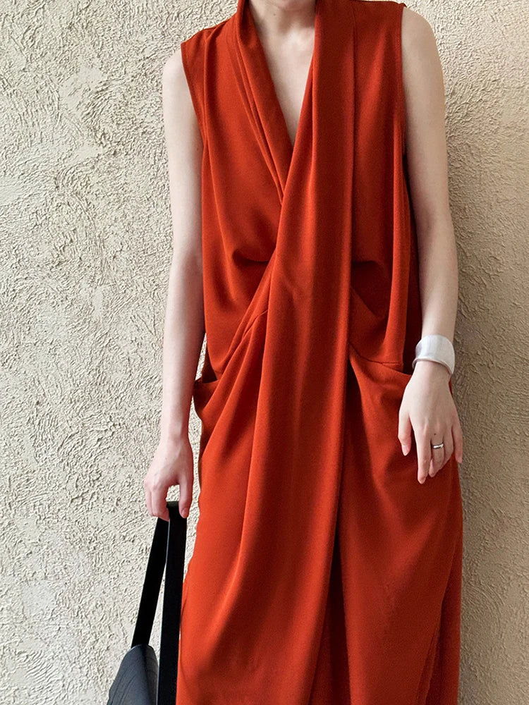 Elegant Draped Sleeveless Midi Dress with Pockets