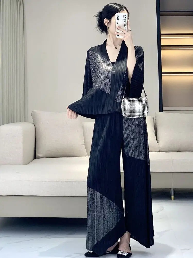 Luxury Pleated Cardigan Top with Wide-Leg Trousers
