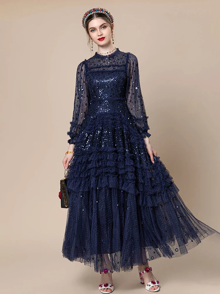 Couture Modest Midi Dress - Sequins & Ruffles