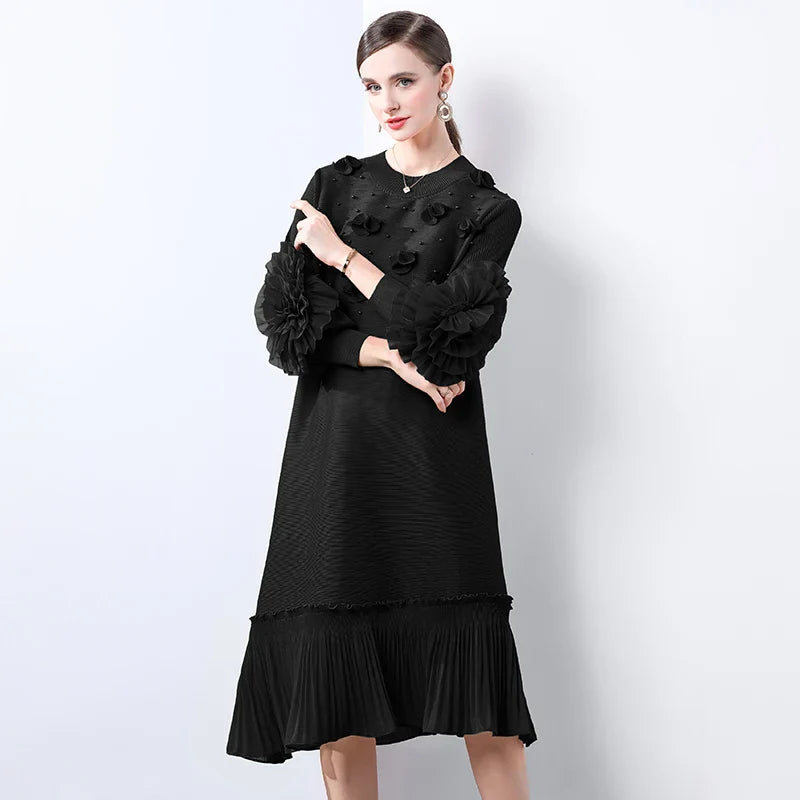 Cocktail Party Dress - Pleated Midi, Statement Sleeves