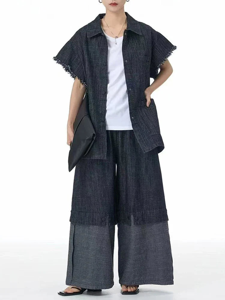 Cotton Denim Wide-Leg Pants with Elastic Waistband
