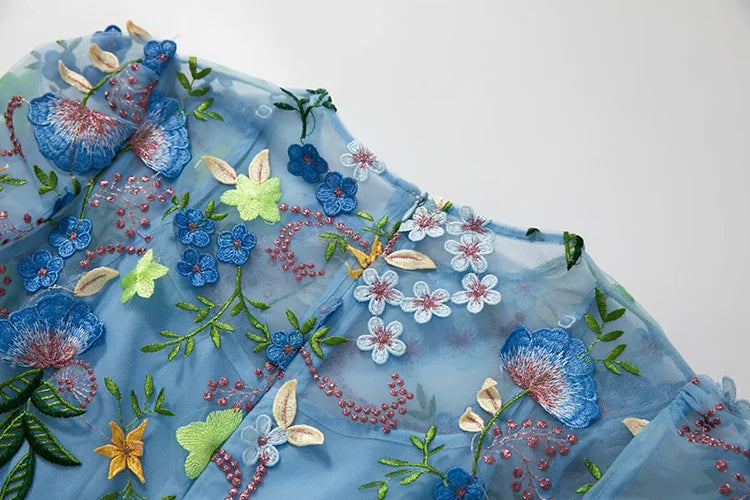 Blue Floral Embellished Long Sleeve Midi Dress