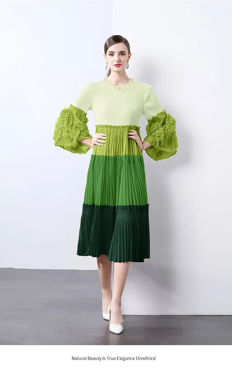 Ombre Pleated Dress - Ruffle Sleeve