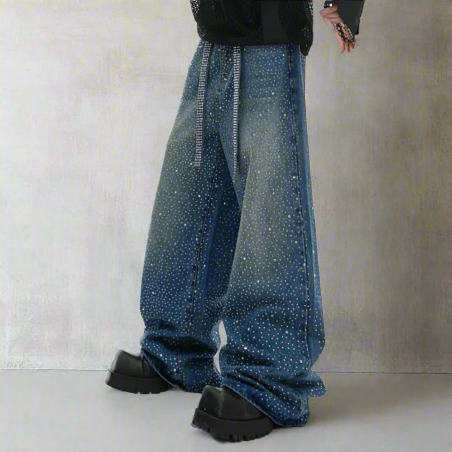 Men's Japanese Streetwear Rhinestone Baggy Jeans