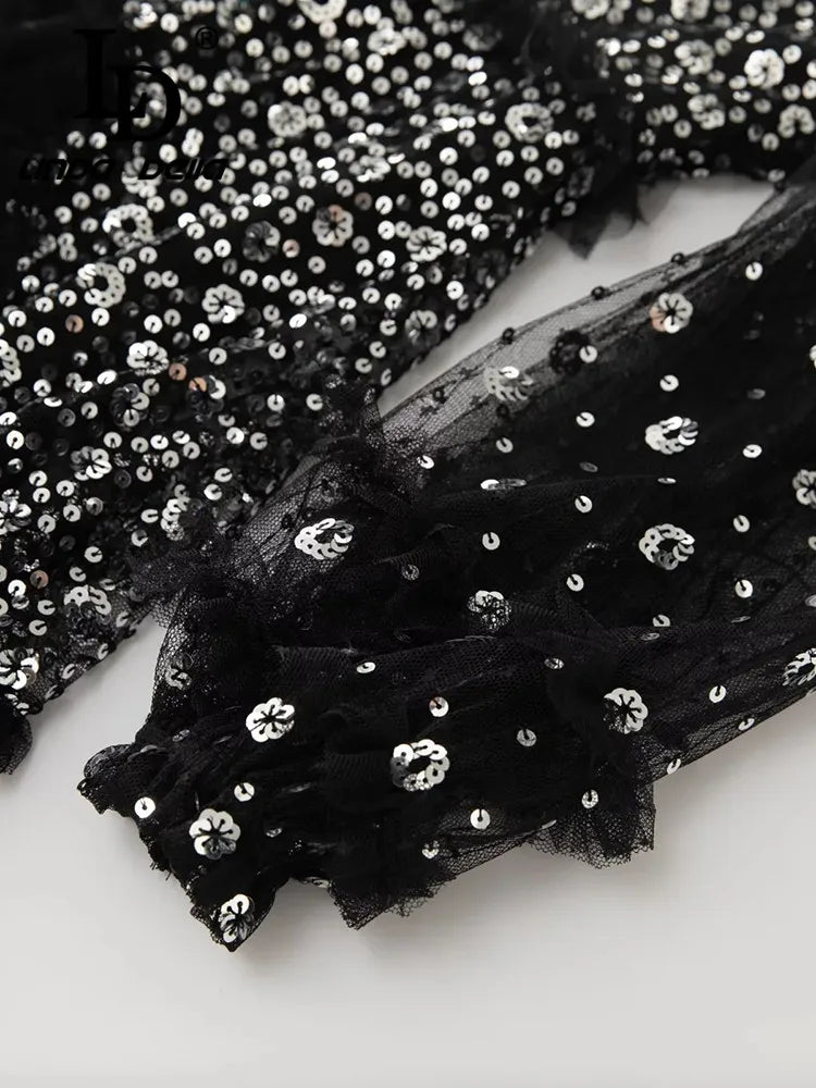 Couture Modest Midi Dress - Sequins & Ruffles