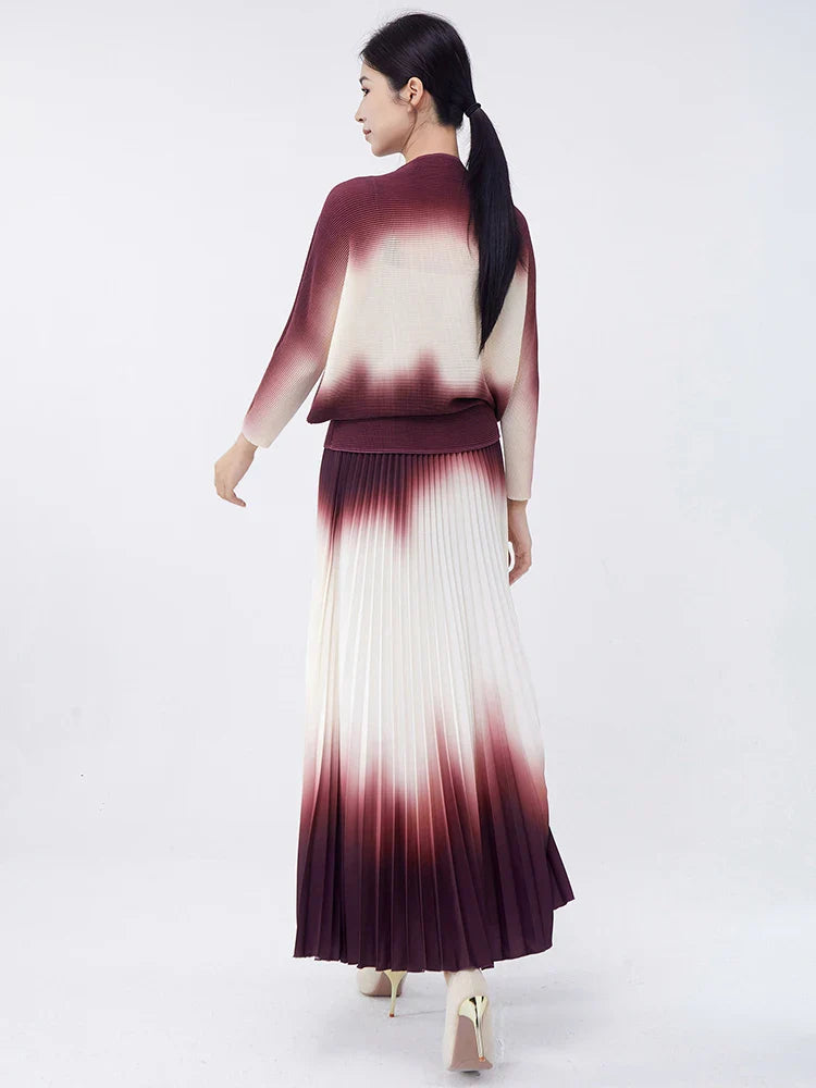 Luxury Burgundy Ombre Pleated Skirt & Top Co-Ord