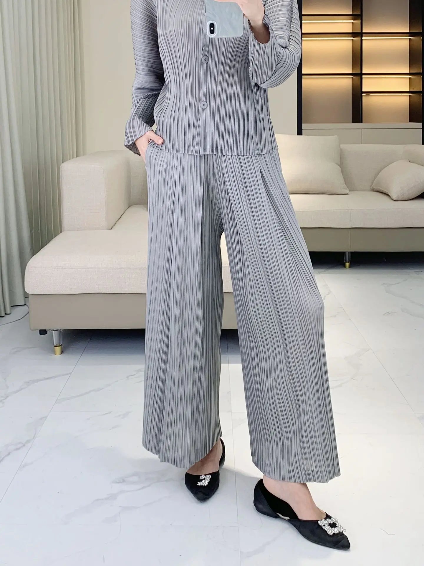 Luxury Pleated Pants & Button-Down Top Set
