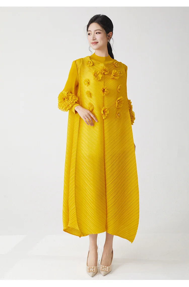 Luxe Plissé Pleated Floral Long Sleeve Dress