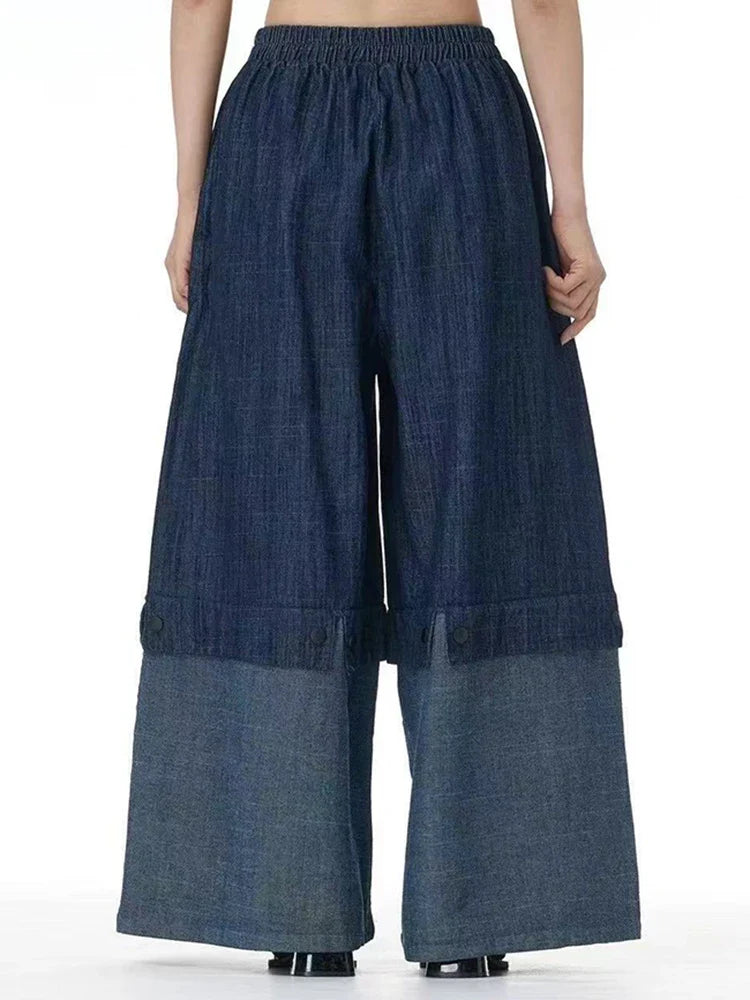 Cotton Denim Wide-Leg Pants with Elastic Waistband