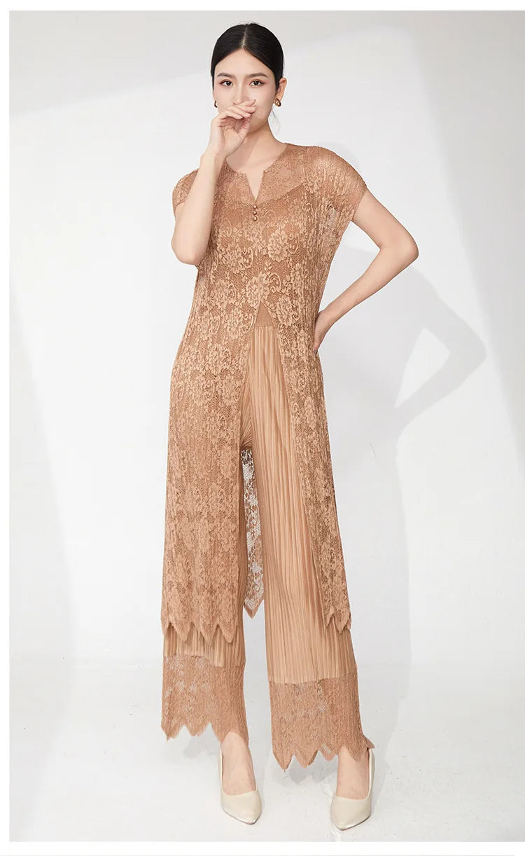 Lace Pleated Pant Suit 2-Piece Set
