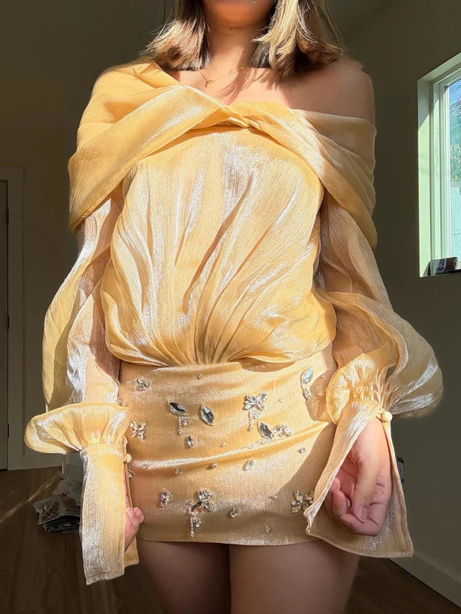 Sheer Mini Dress - Crystals & Off Shoulder