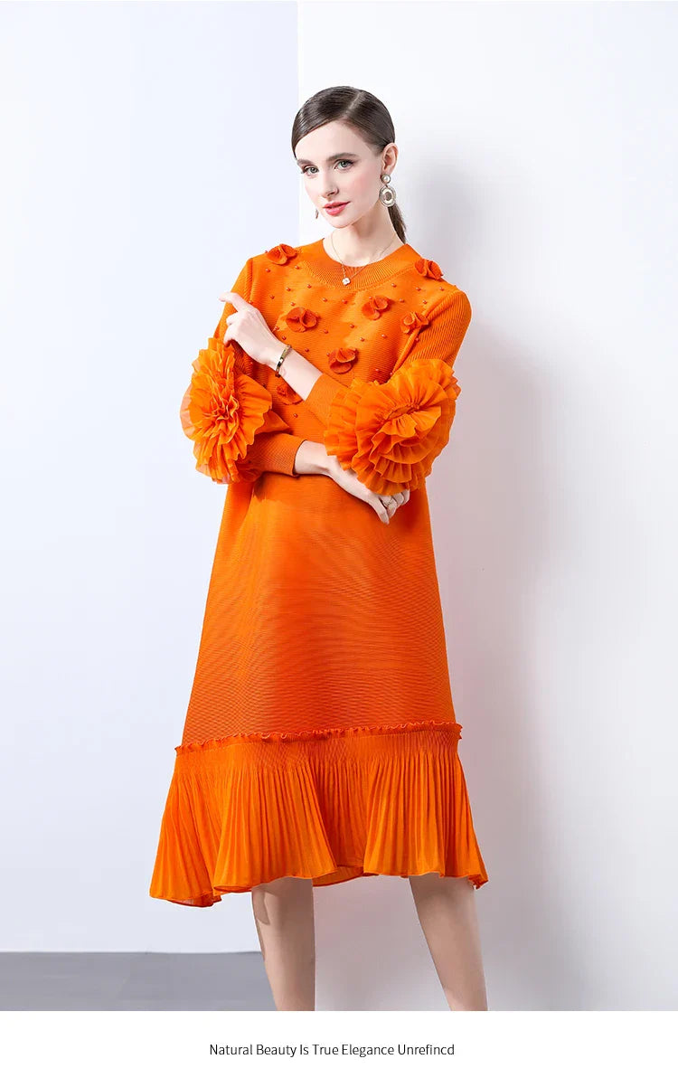Cocktail Party Dress - Pleated Midi, Statement Sleeves