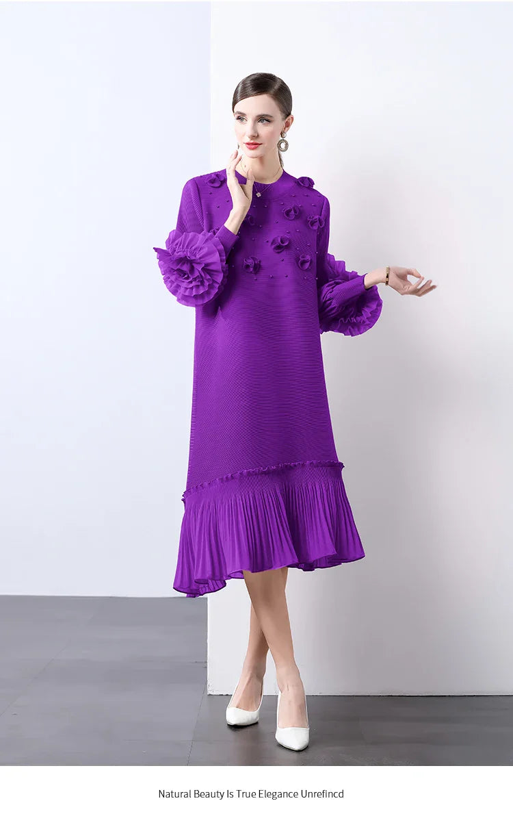 Cocktail Party Dress - Pleated Midi, Statement Sleeves