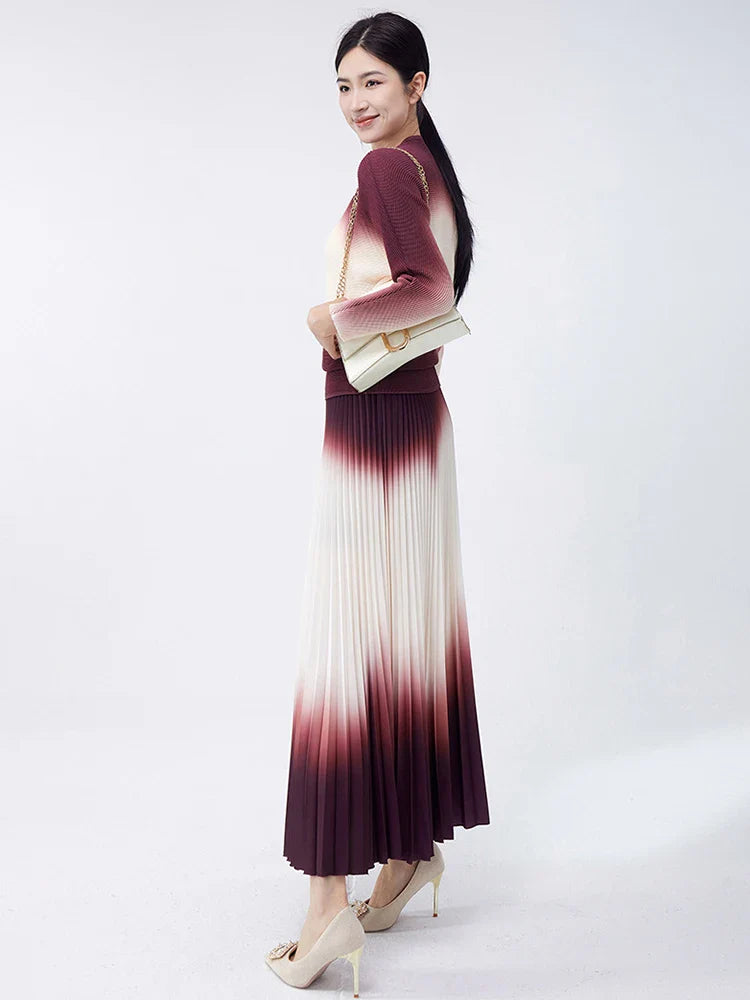 Luxury Burgundy Ombre Pleated Skirt & Top Co-Ord
