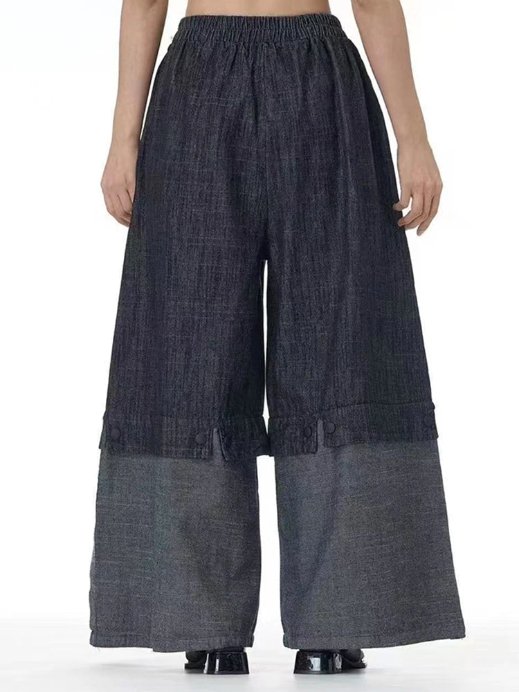 Cotton Denim Wide-Leg Pants with Elastic Waistband
