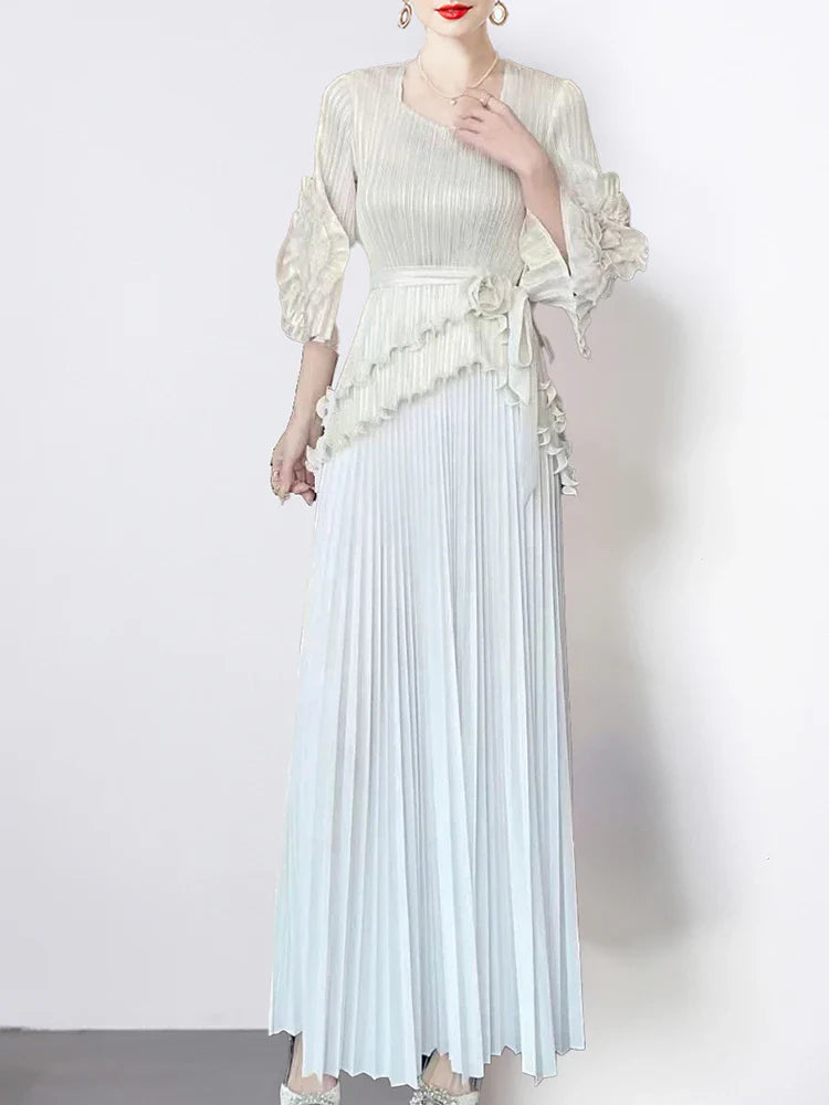 Statement Ruffle Sleeve and Pleated Skirt Ensemble
