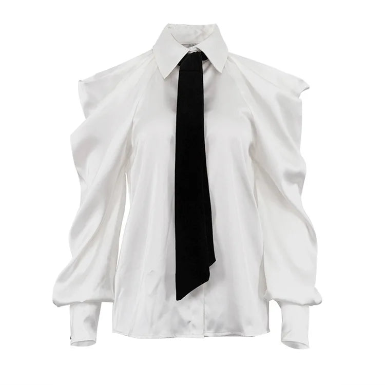 Satin Top with Dramatic Black Tie