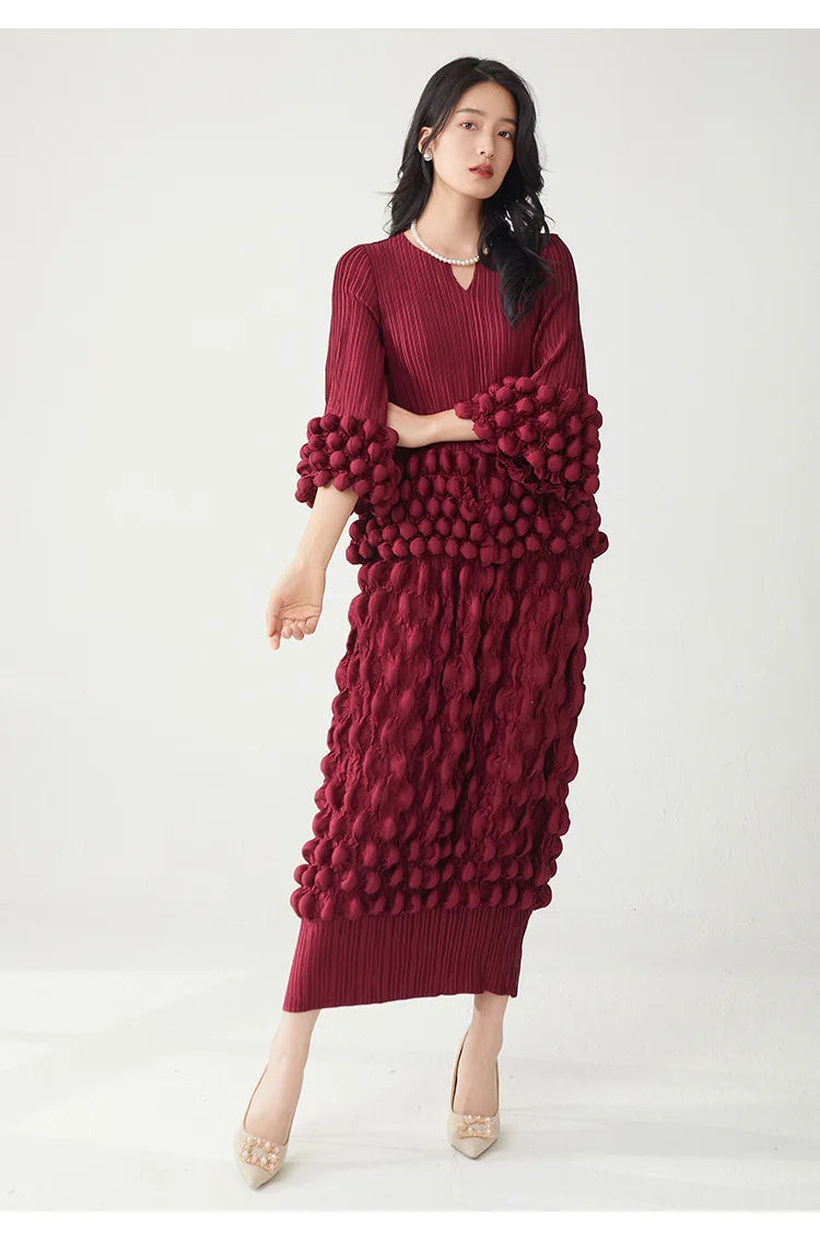 Couture Bubble Plisse Outfit - Midi Skirt & Top Set