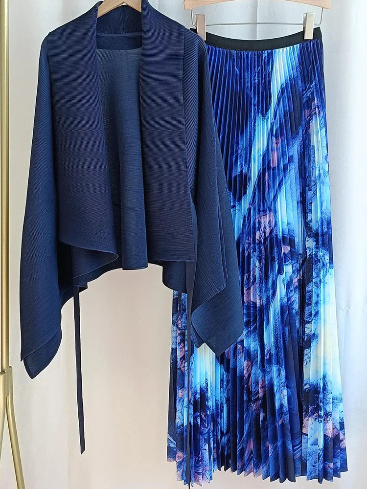 Pleated Tie-Front Duster & Skirt Set