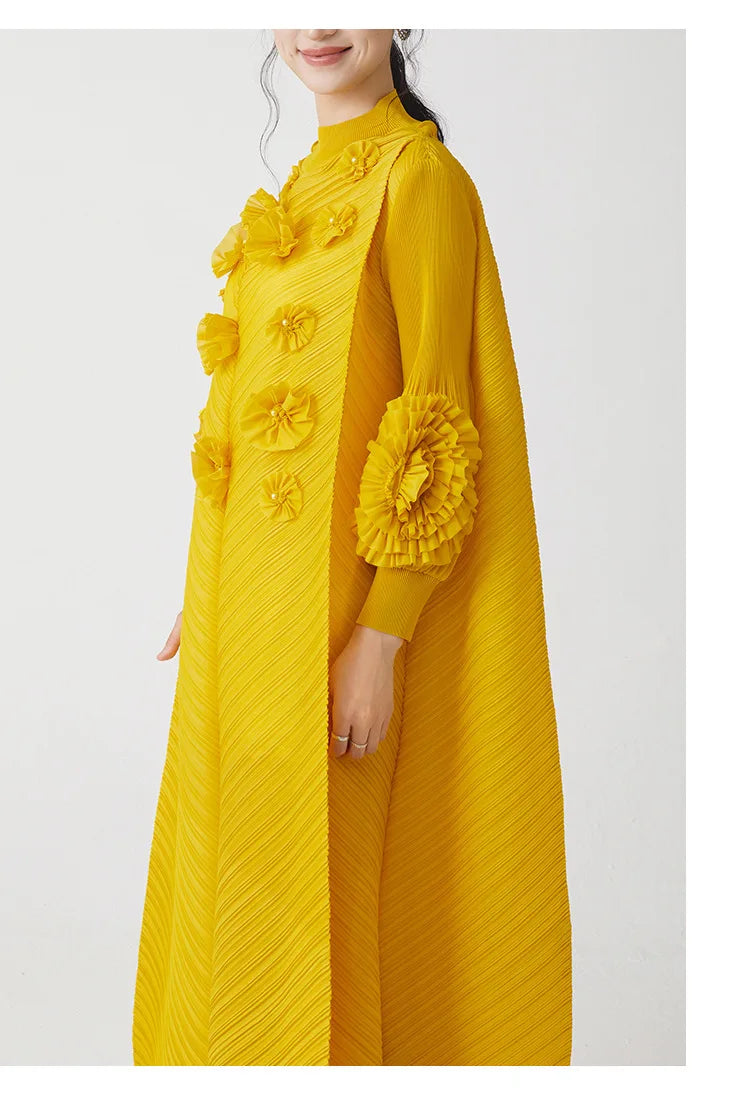 Luxe Plissé Pleated Floral Long Sleeve Dress