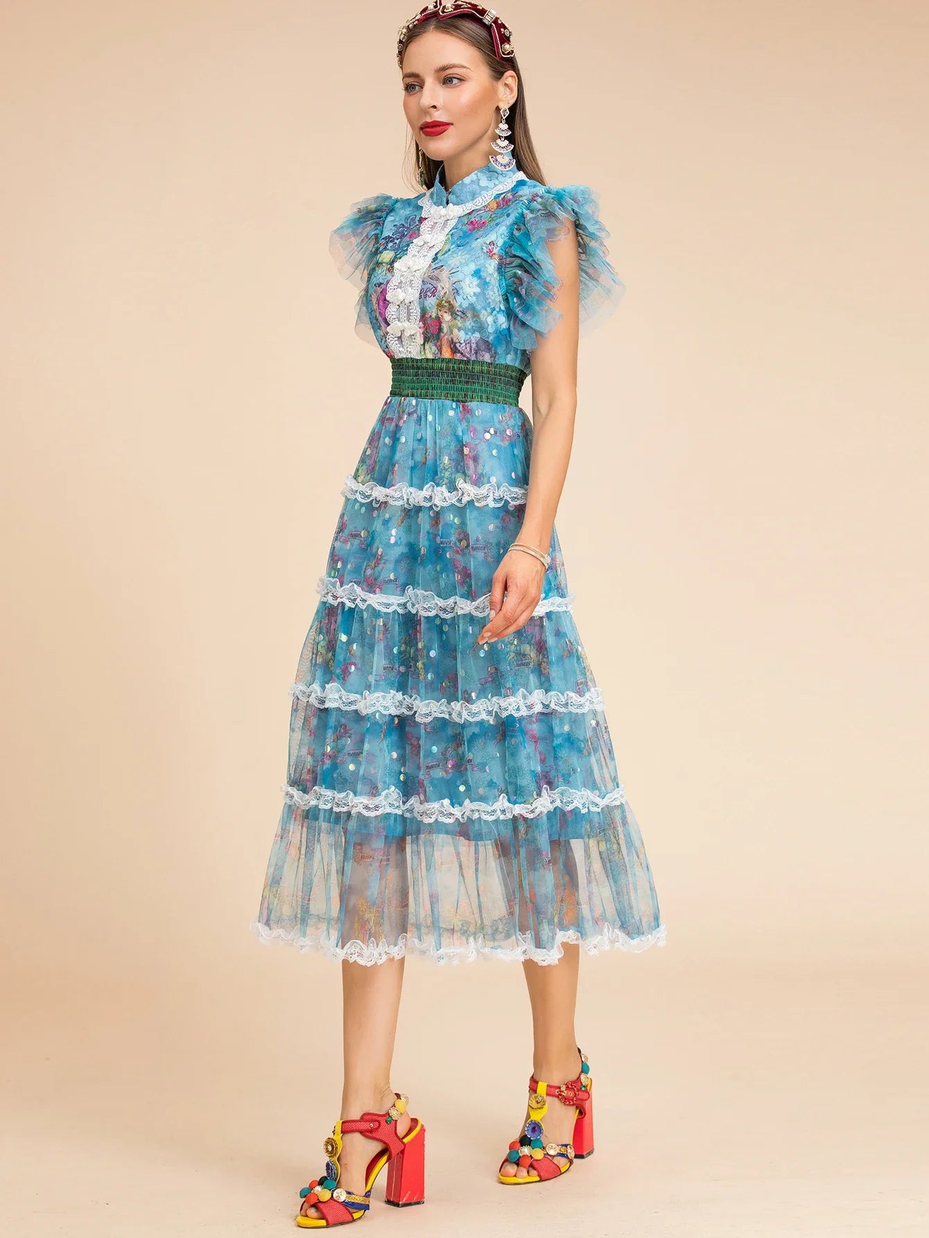 Blue Floral Midi Dress Ruffle Cap Sleeves