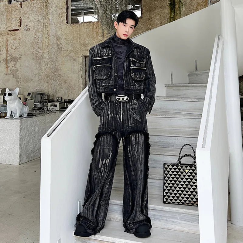 Men's Black Denim 2-Piece Set High Streetwear