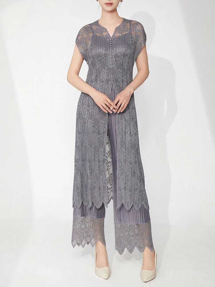 Lace Pleated Pant Suit 2-Piece Set