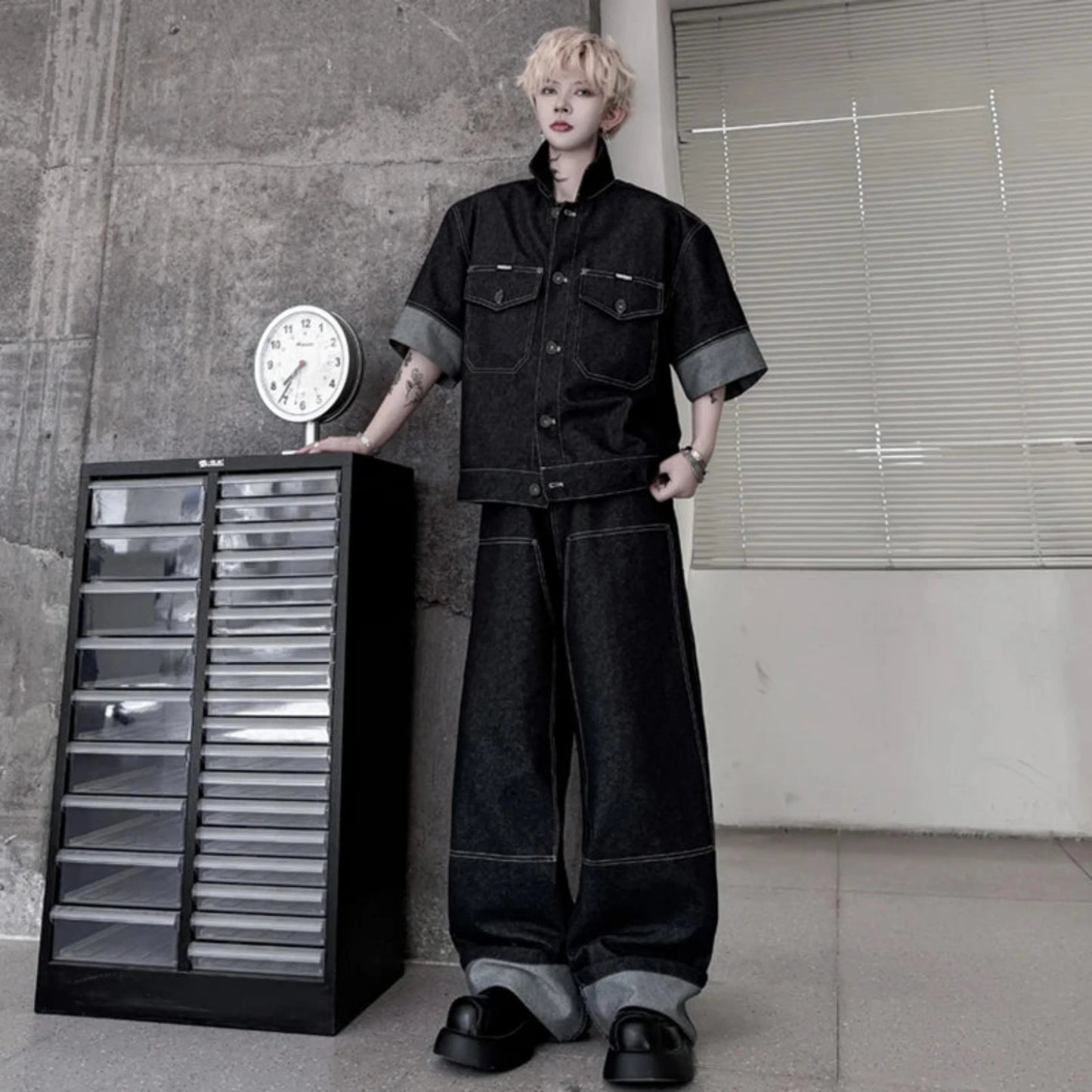 Men's Oversized Black Denim Two-Piece Set