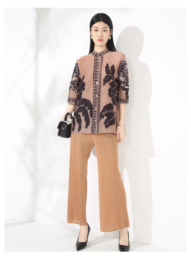 Plissé Set - Floral Top & Pleated Palazzo Pant