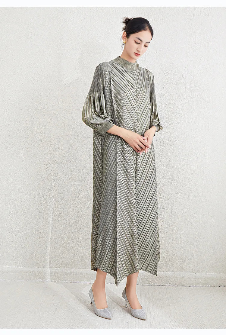 Metallic Pleated Midi Dress with Mock Neck & Bishop Sleeves