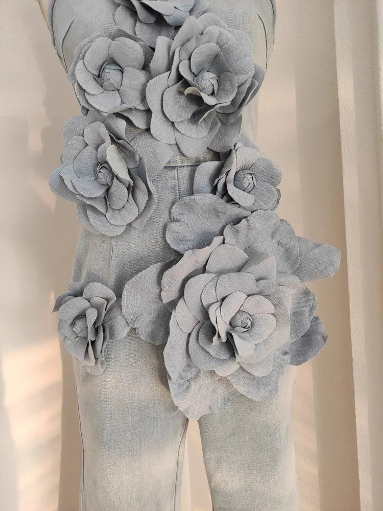 Women's Luxury Denim Floral Jumpsuit